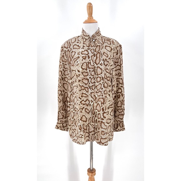 BALLA VALENTINA Shirt Womens Medium Cream Brown Snake Python Print Silk Blouse - Picture 3 of 16